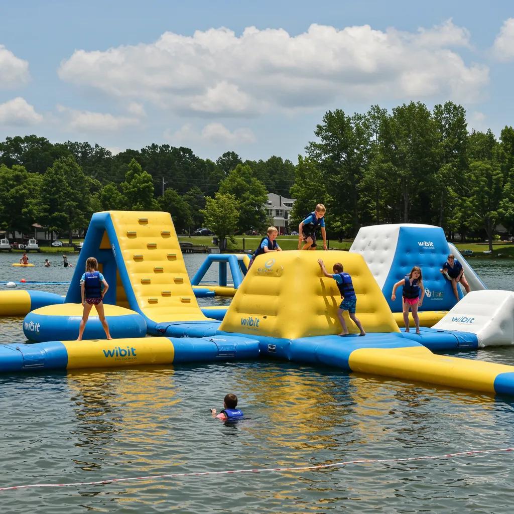 Children gleefully enjoying the Wibit water park at Walnut Hills Family Campground, showcasing the resort's unique, family-friendly features.