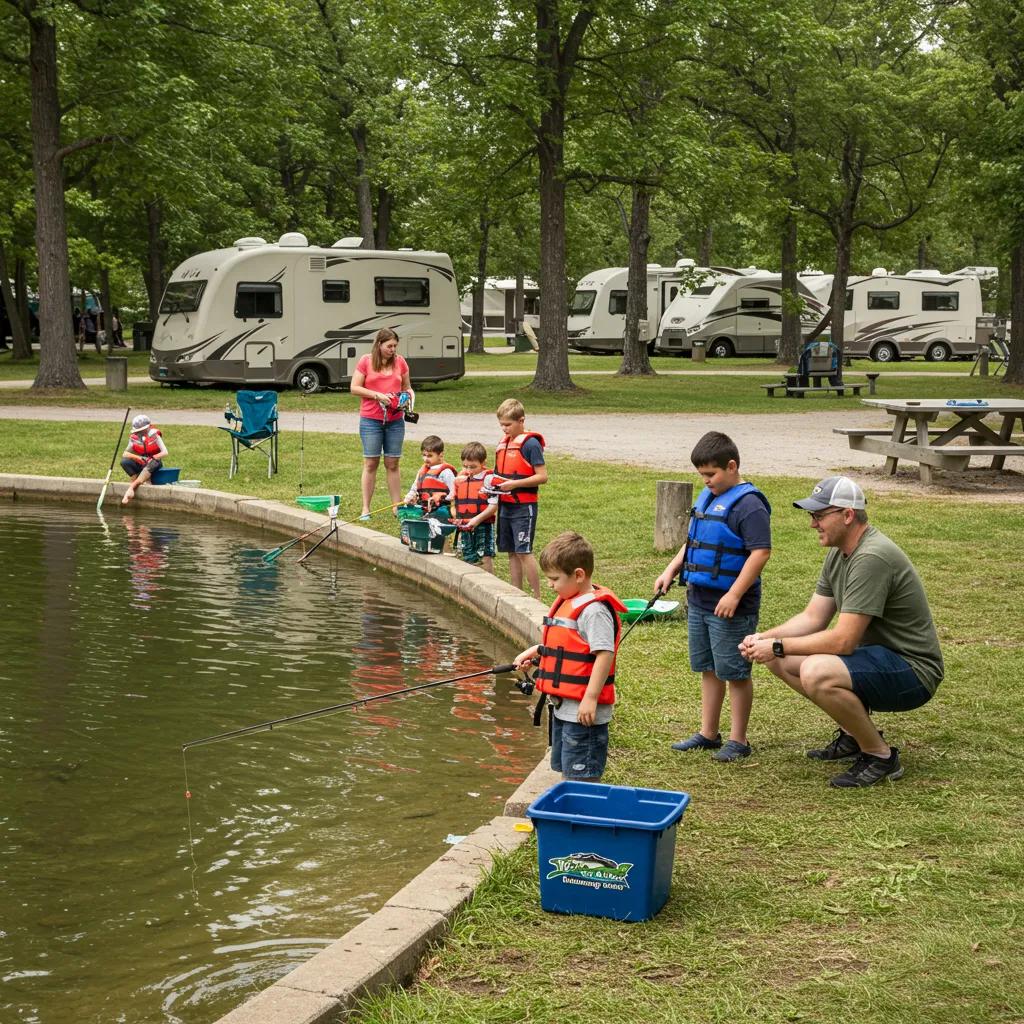 Children learning to fish at a family-friendly campground with safety amenities and shallow water