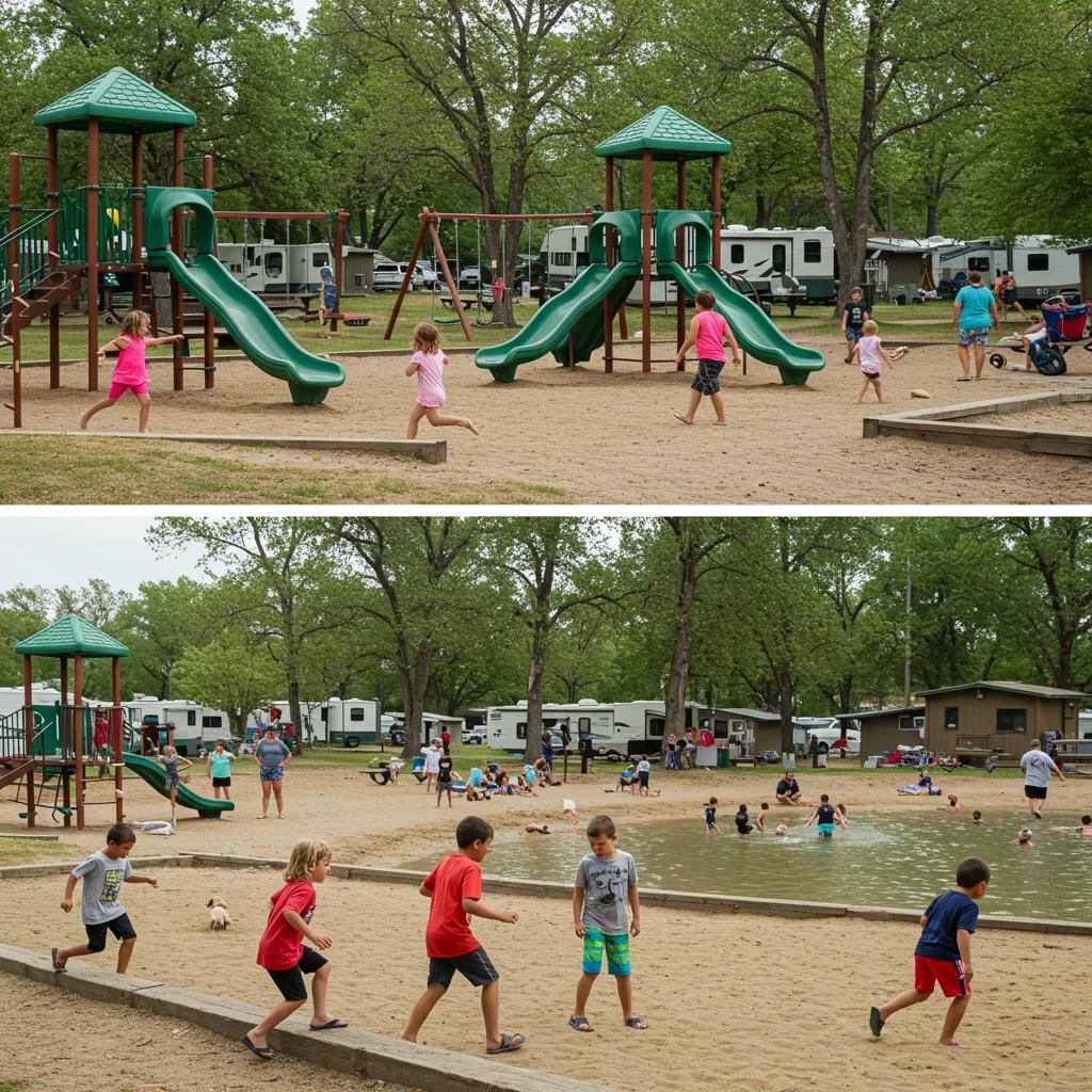 Children playing at Ridge Ranch Campground's playground and beach area, highlighting family-friendly amenities