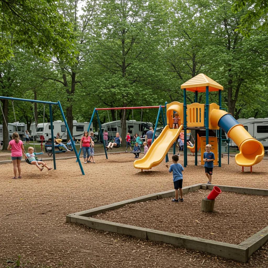 Children playing on a playground at a family-friendly seasonal campground
