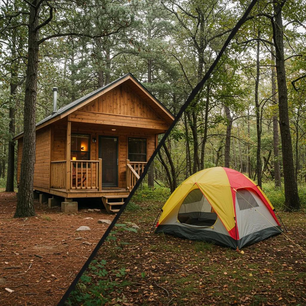 Comparison of a cozy cabin and a vibrant tent, illustrating key differences in camping styles