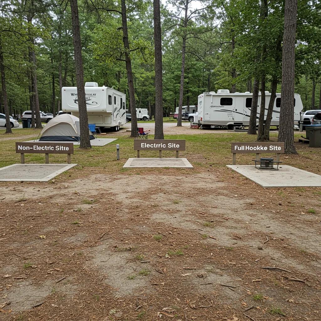 A visual comparison of different campsite setups: a basic tent site, a site with an electric hookup, and a site with full utility hookups.