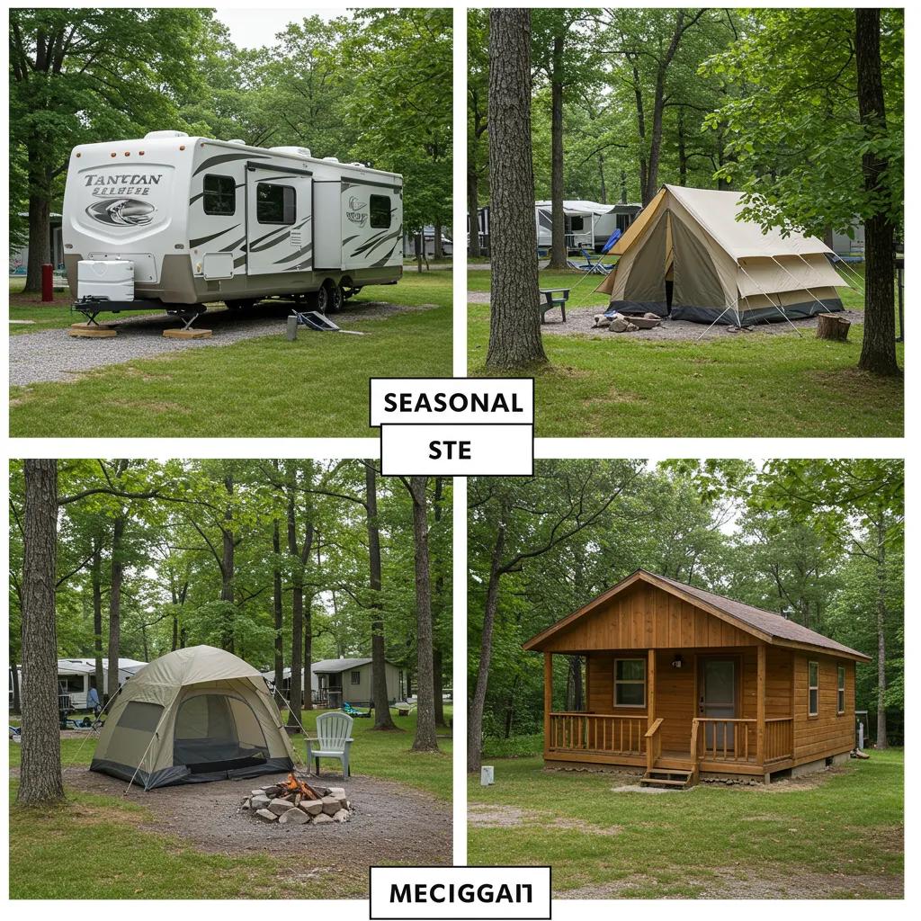 A visual comparison of seasonal RV sites, tent sites, and cabin rentals available in Michigan campgrounds