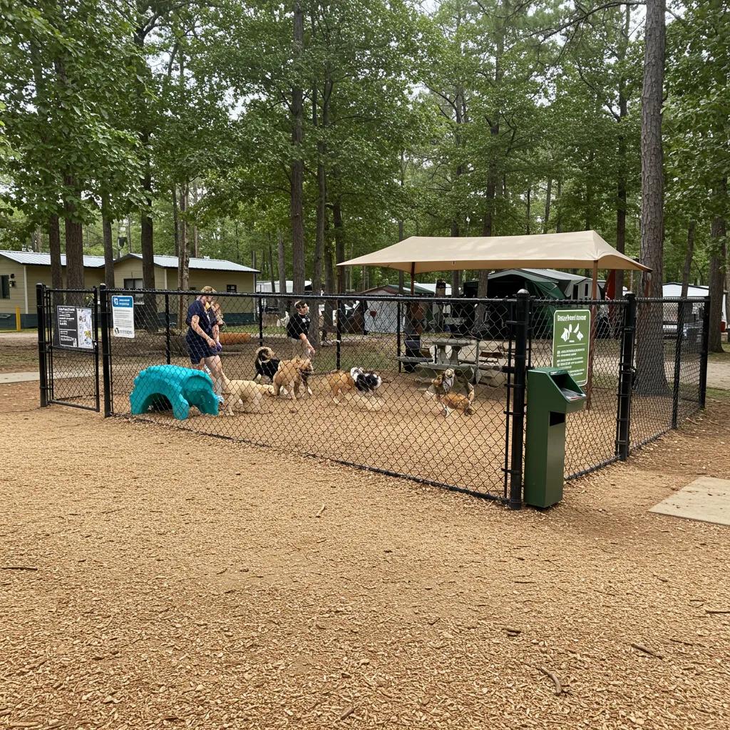 Dog-friendly amenities at a Michigan campground, including fenced off-leash areas and convenient waste stations