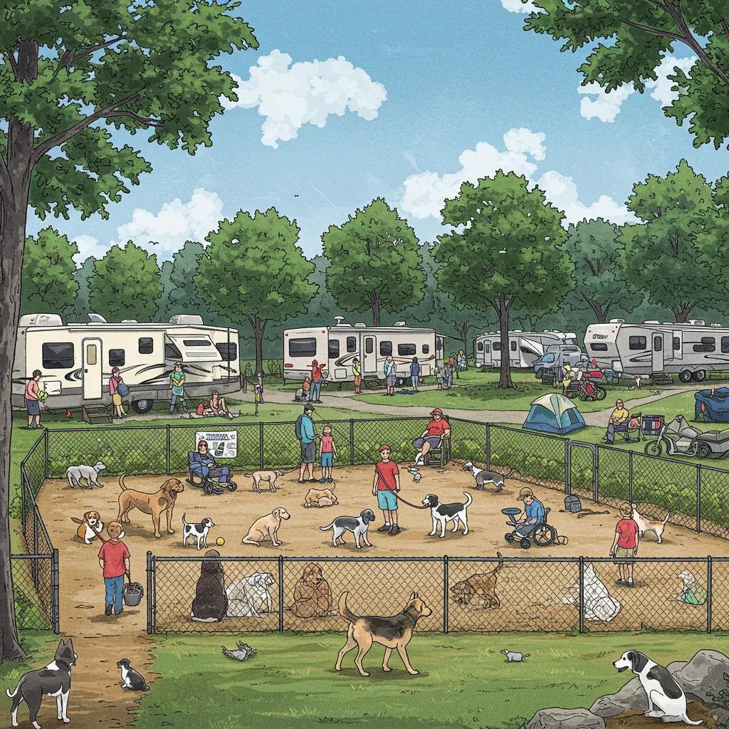 Dog-friendly campground in Michigan with families and pets enjoying the outdoors