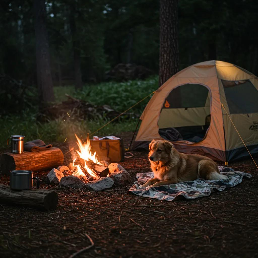 Dog resting beside a campfire with a tent in a pet-friendly camping setting