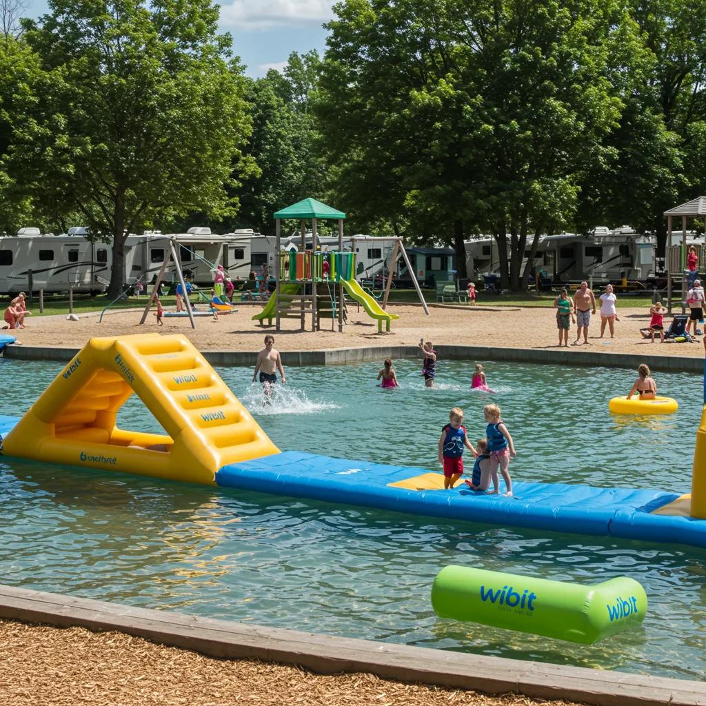 Essential amenities at a family-friendly campground including a water park, swimming lake, and playground