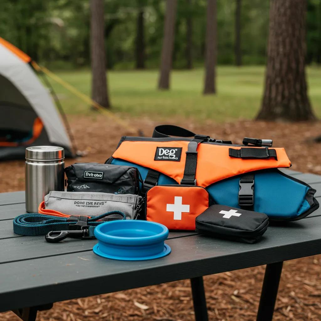Essential camping gear for dogs including leash, bowl, and life vest