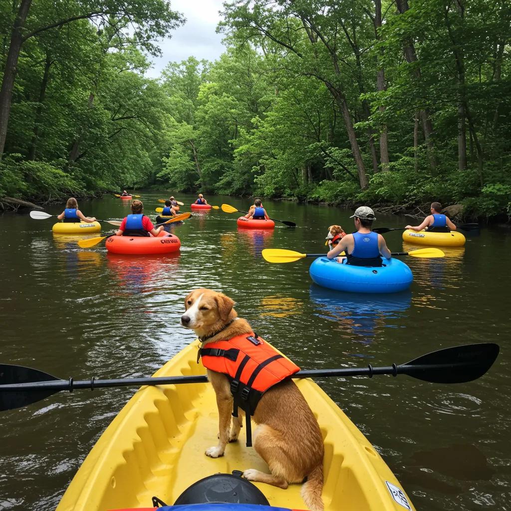 Families and their dogs enjoying a scenic float trip on the Shiawassee River in Michigan