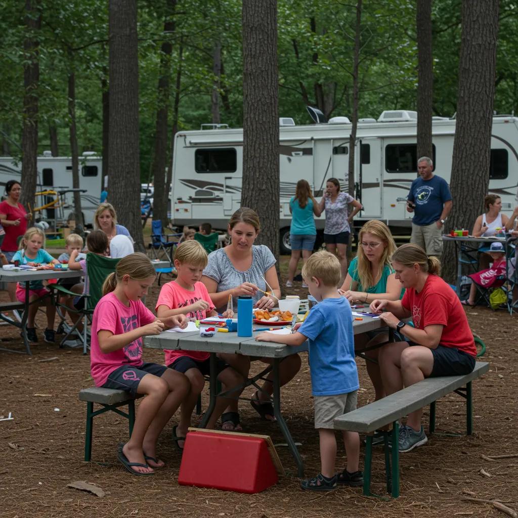 Families engaging in activities and events at Michigan campgrounds, showcasing crafts, sports, and entertainment