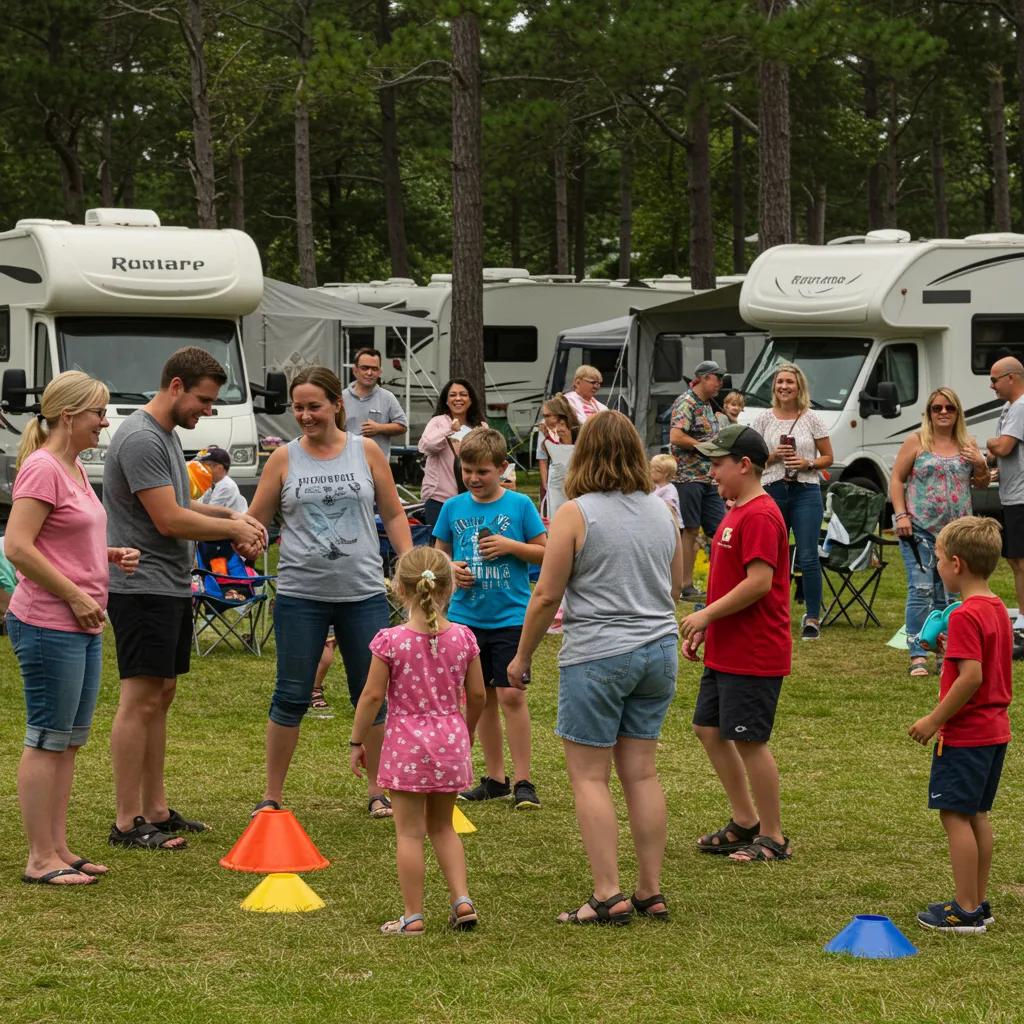 Families engaging in community activities at a seasonal campground