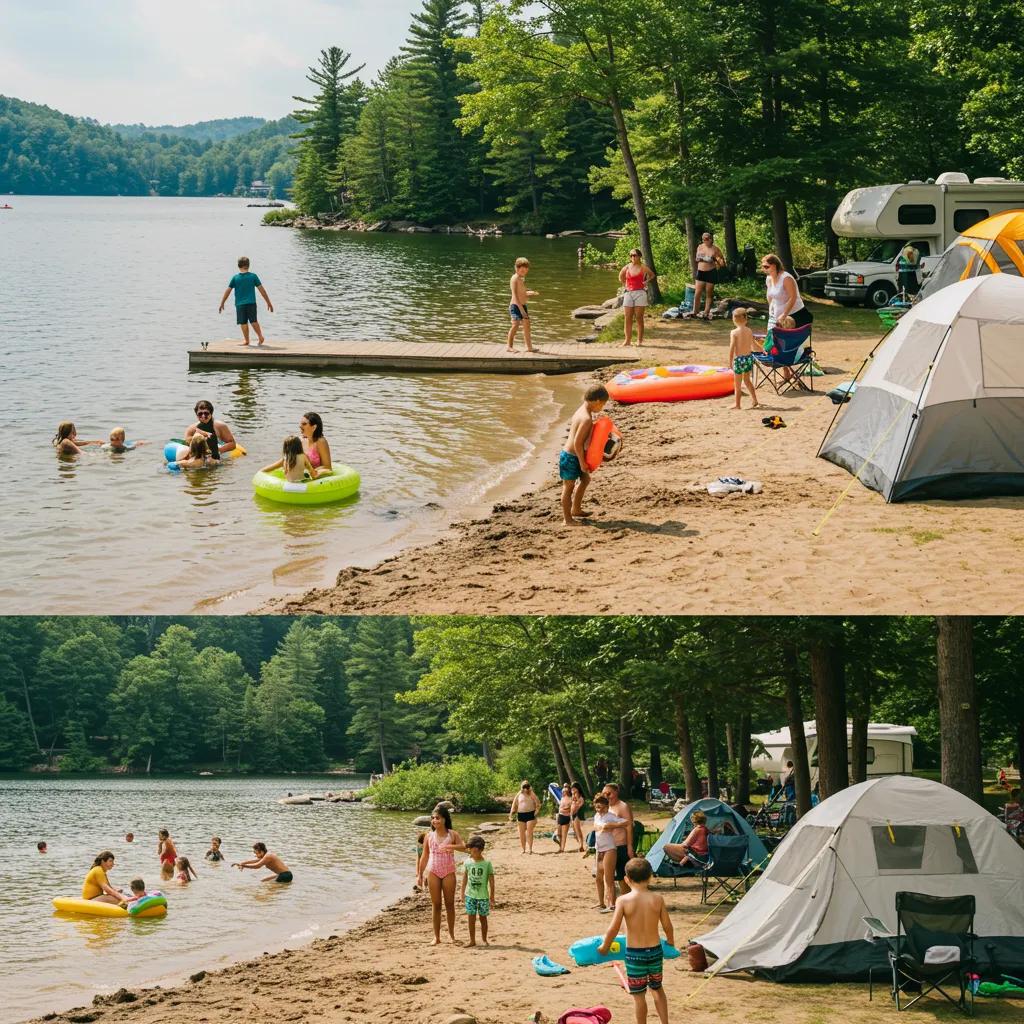 Families enjoying a fun camping experience in Michigan with lakes, forests, and outdoor activities