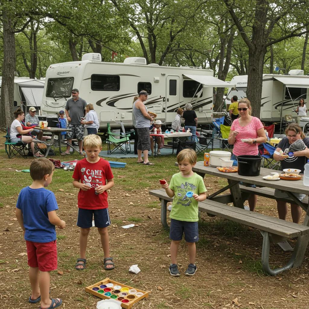 Families sharing a potluck meal at a campground, highlighting community and bonding