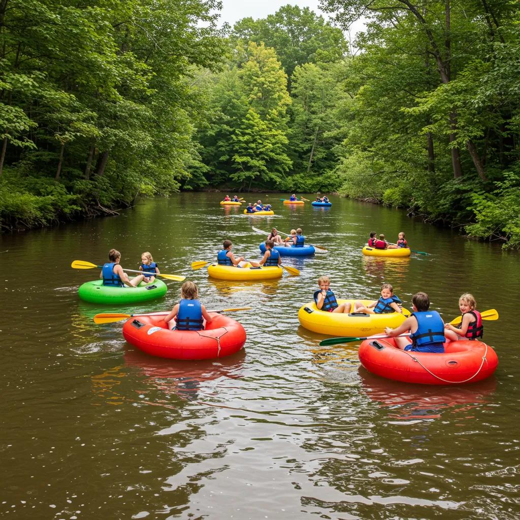 Families enjoying a river float trip on the Shiawassee River