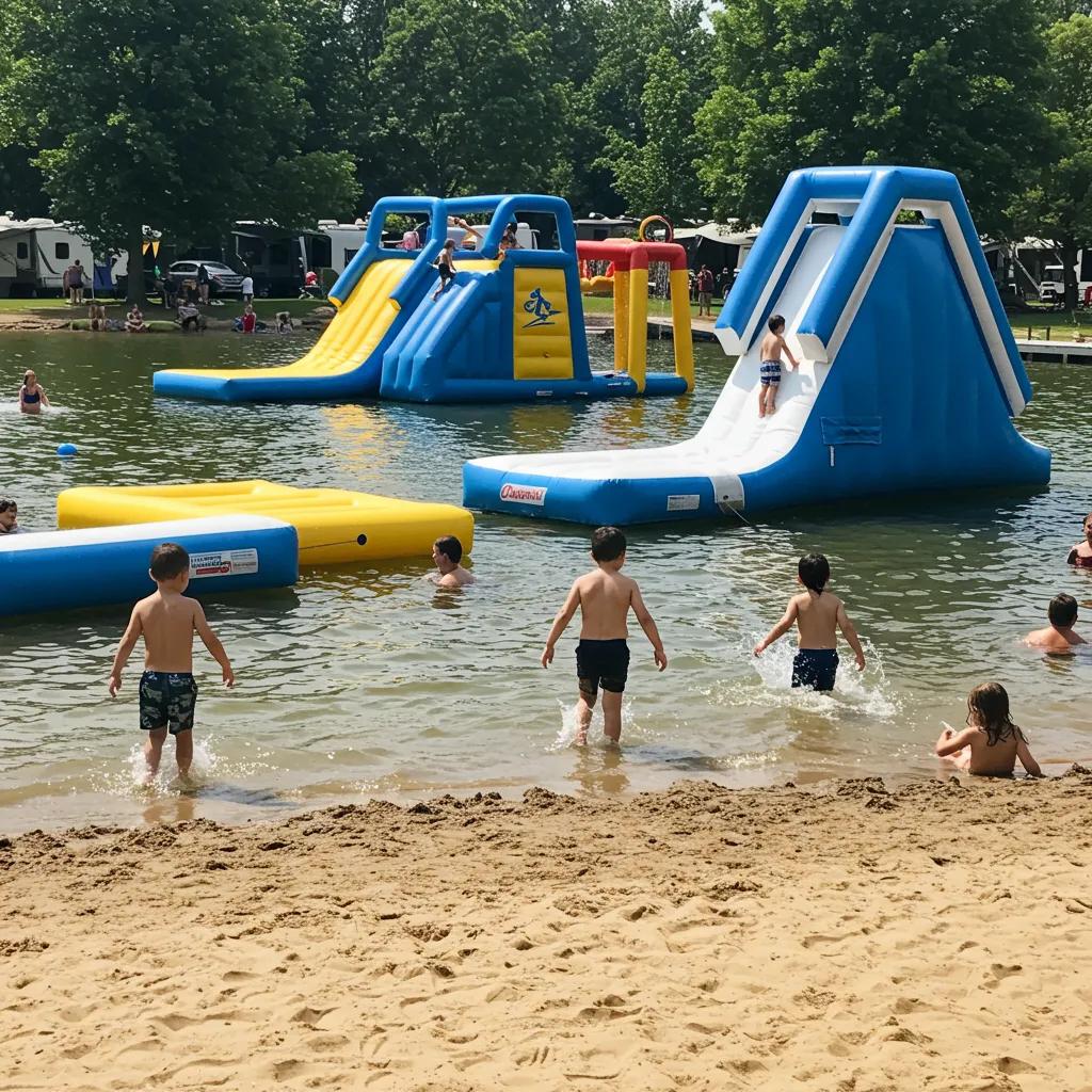 Families delighting in a water park and swimming lake at a welcoming family campground