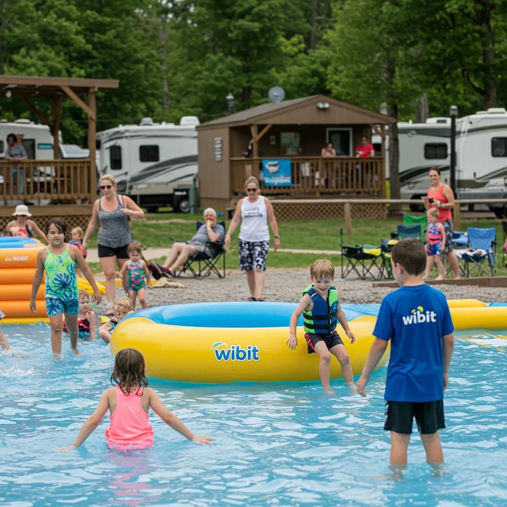 Families enjoying activities at Walnut Hills campground, including water play and community events