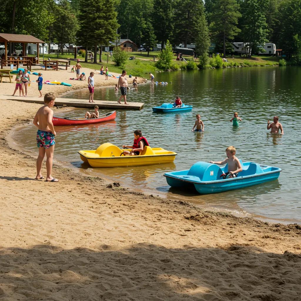 Families enjoying lakefront activities at Ridge Ranch Campground with paddleboats and beach