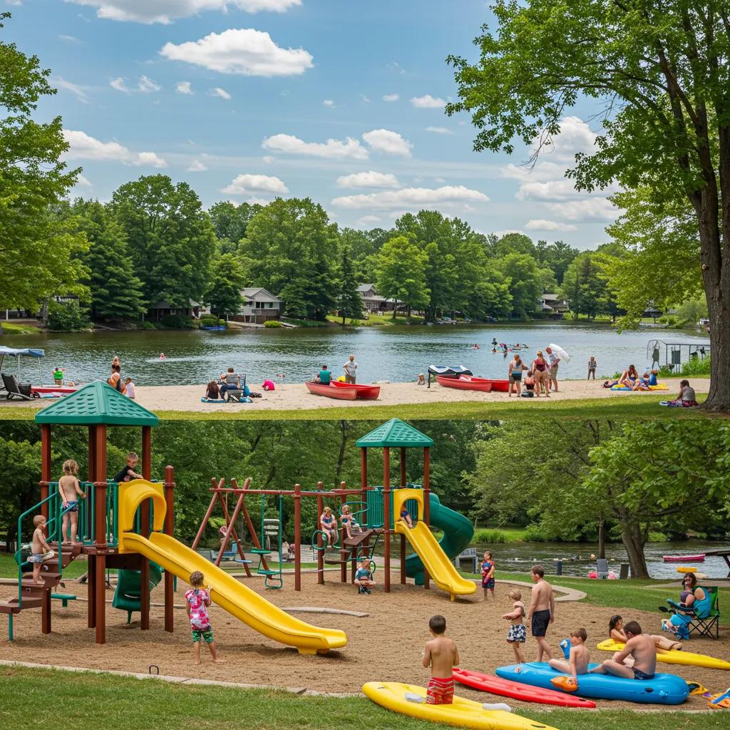 Families enjoying outdoor activities at a Michigan campground, including swimming and playground fun