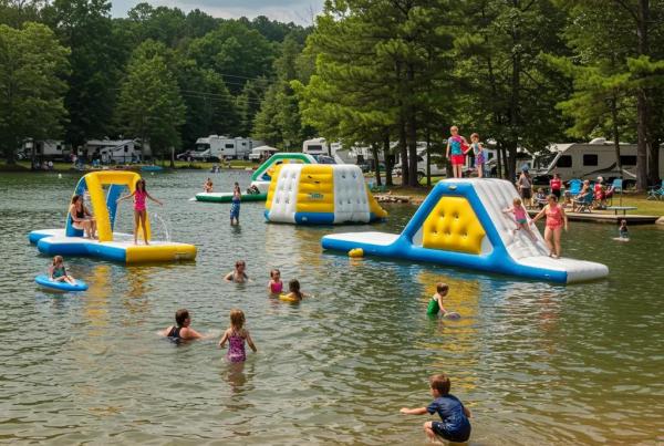 Families enjoying outdoor activities at Walnut Hills Family Campground, featuring swimming and inflatable attractions