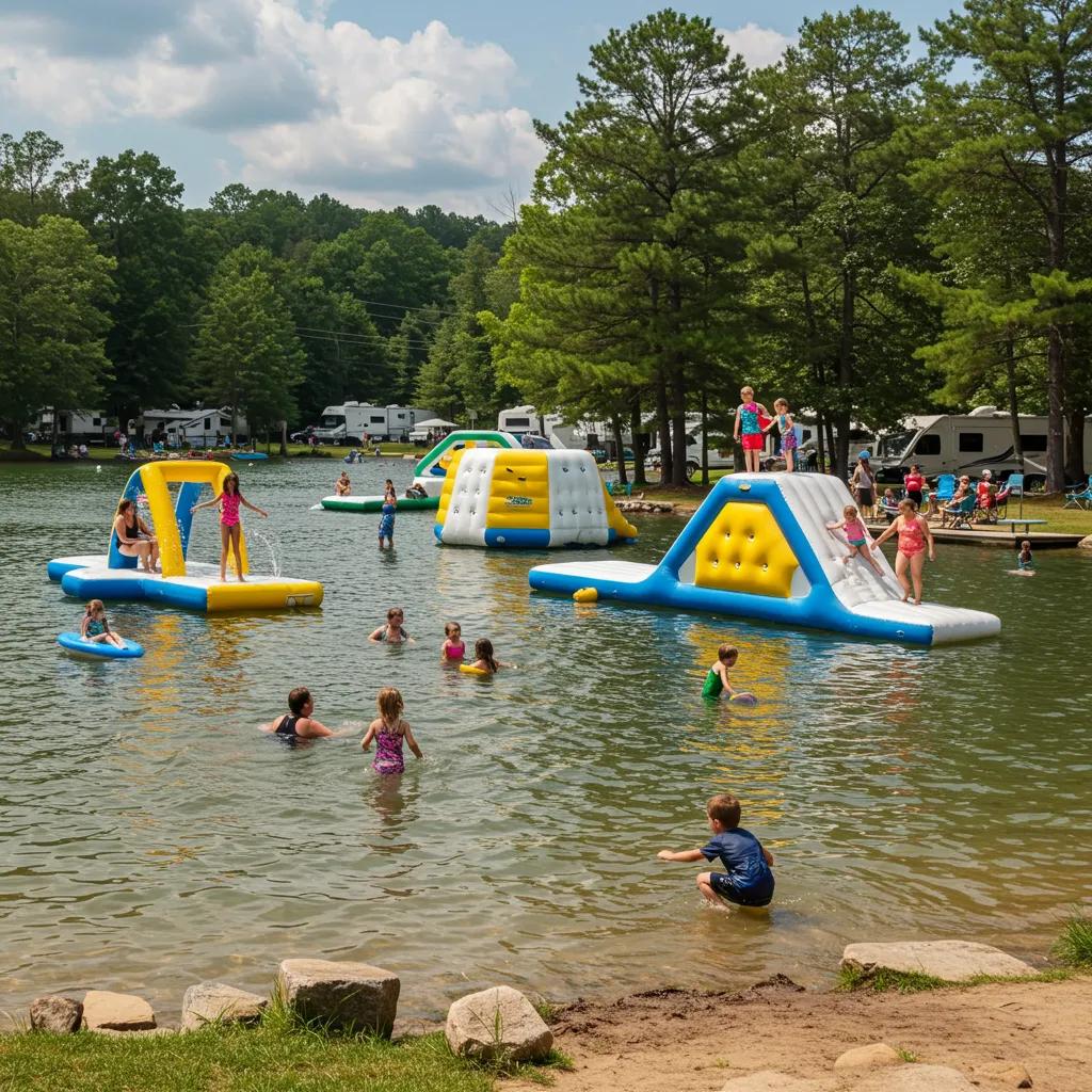 Families enjoying outdoor activities at Walnut Hills Family Campground, featuring swimming and inflatable attractions