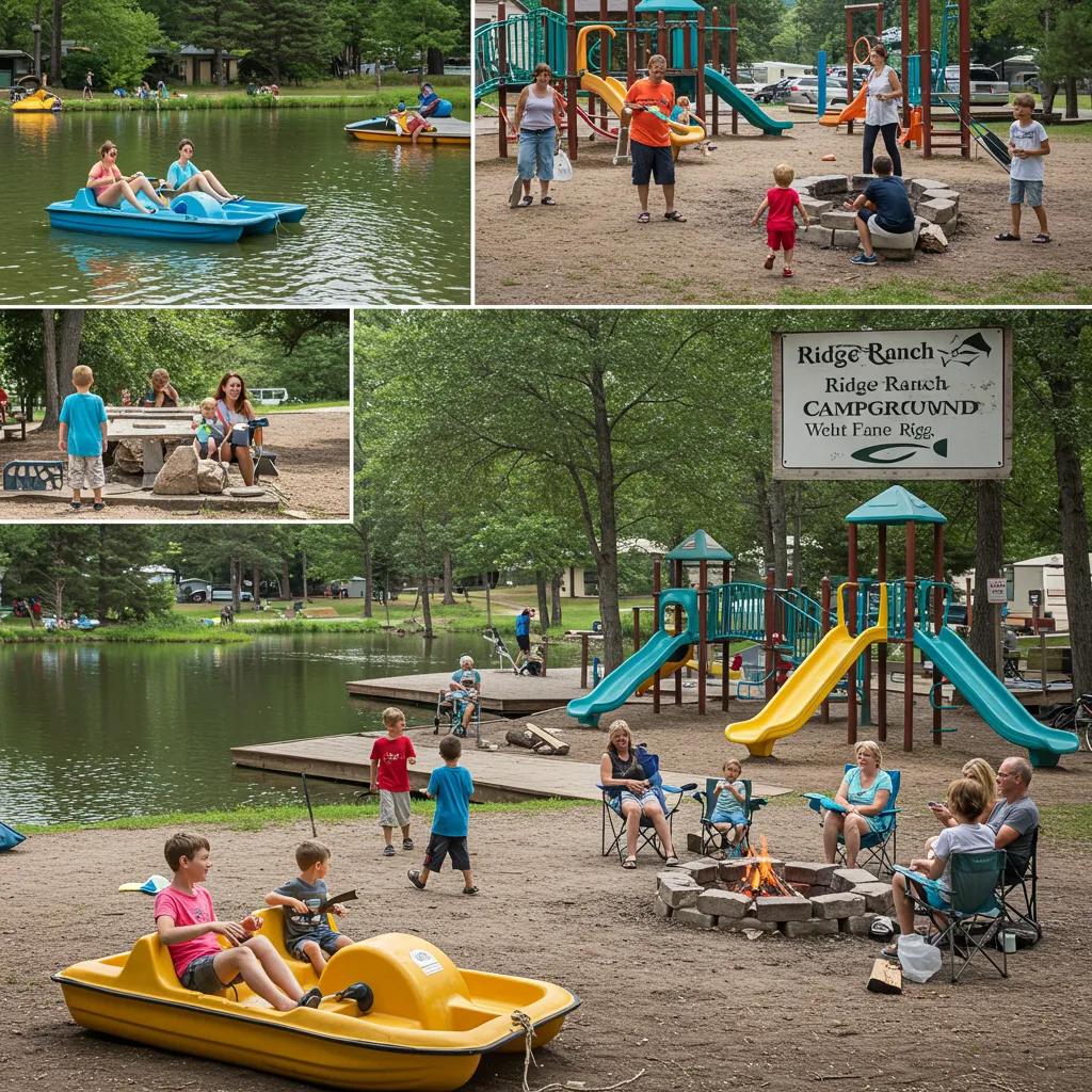 Families enjoying paddle boating, playing at the playground, and gathering around a campfire at Ridge Ranch Campground