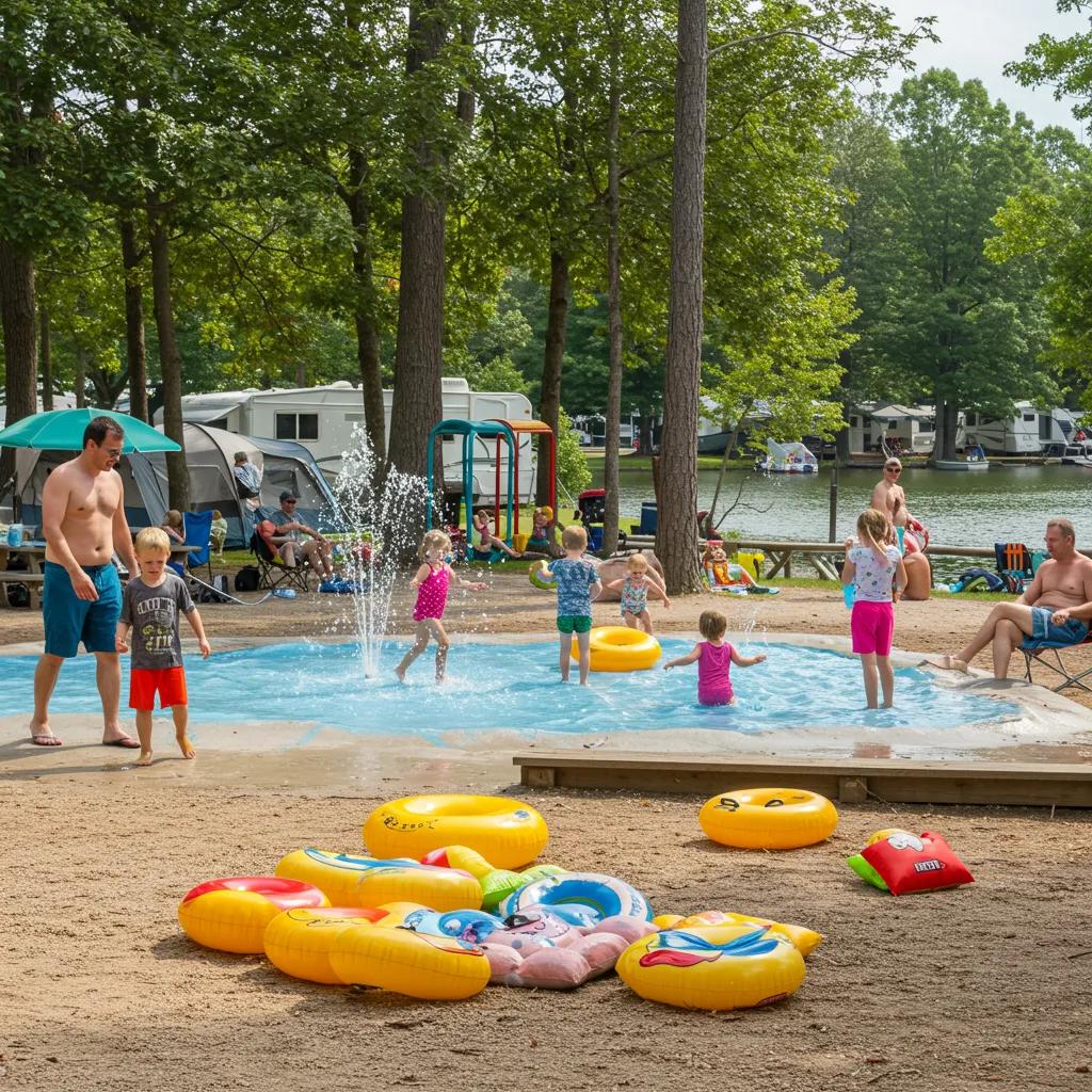Families enjoying seasonal campground activities with water attractions and natural scenery