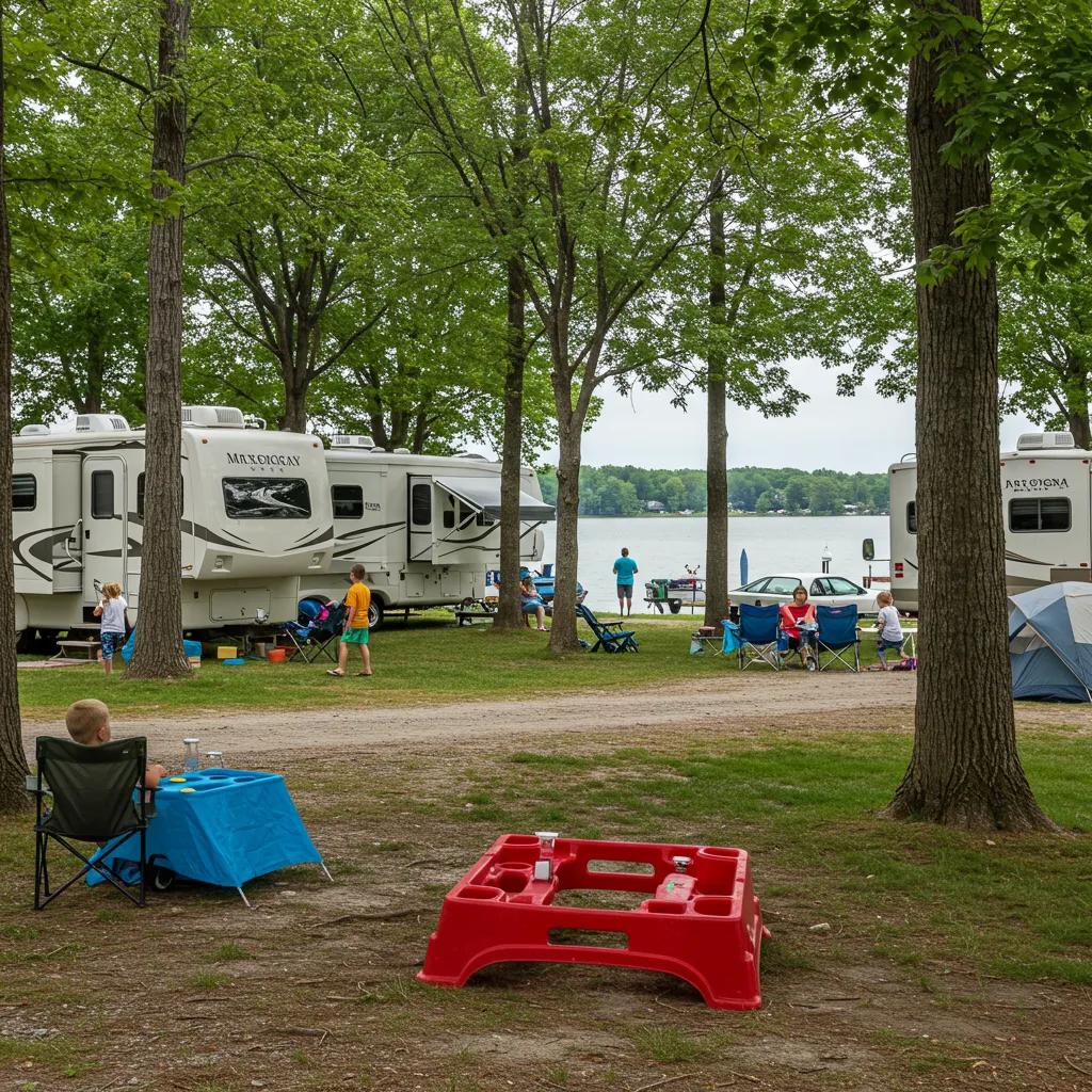 Families enjoying seasonal camping in Michigan with RVs and tents by a lake