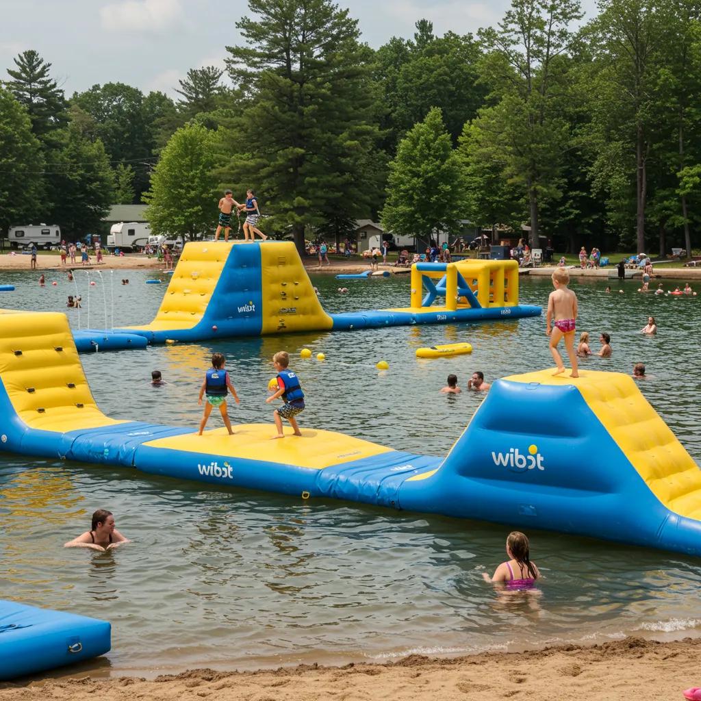 Families enjoying the Wibit water park and swimming lake at Walnut Hills Family Campground