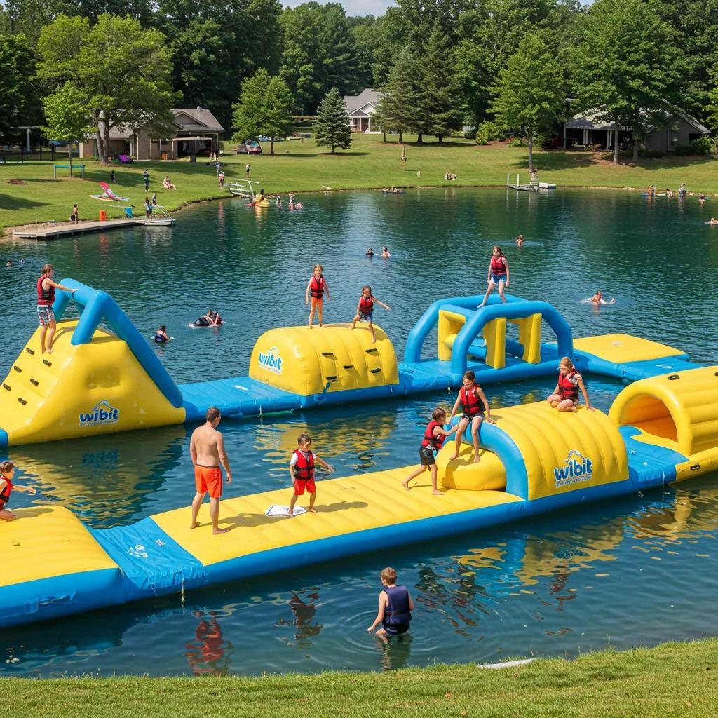 Families laughing and playing on the inflatable Wibit Water Park at Walnut Hills Family Campground