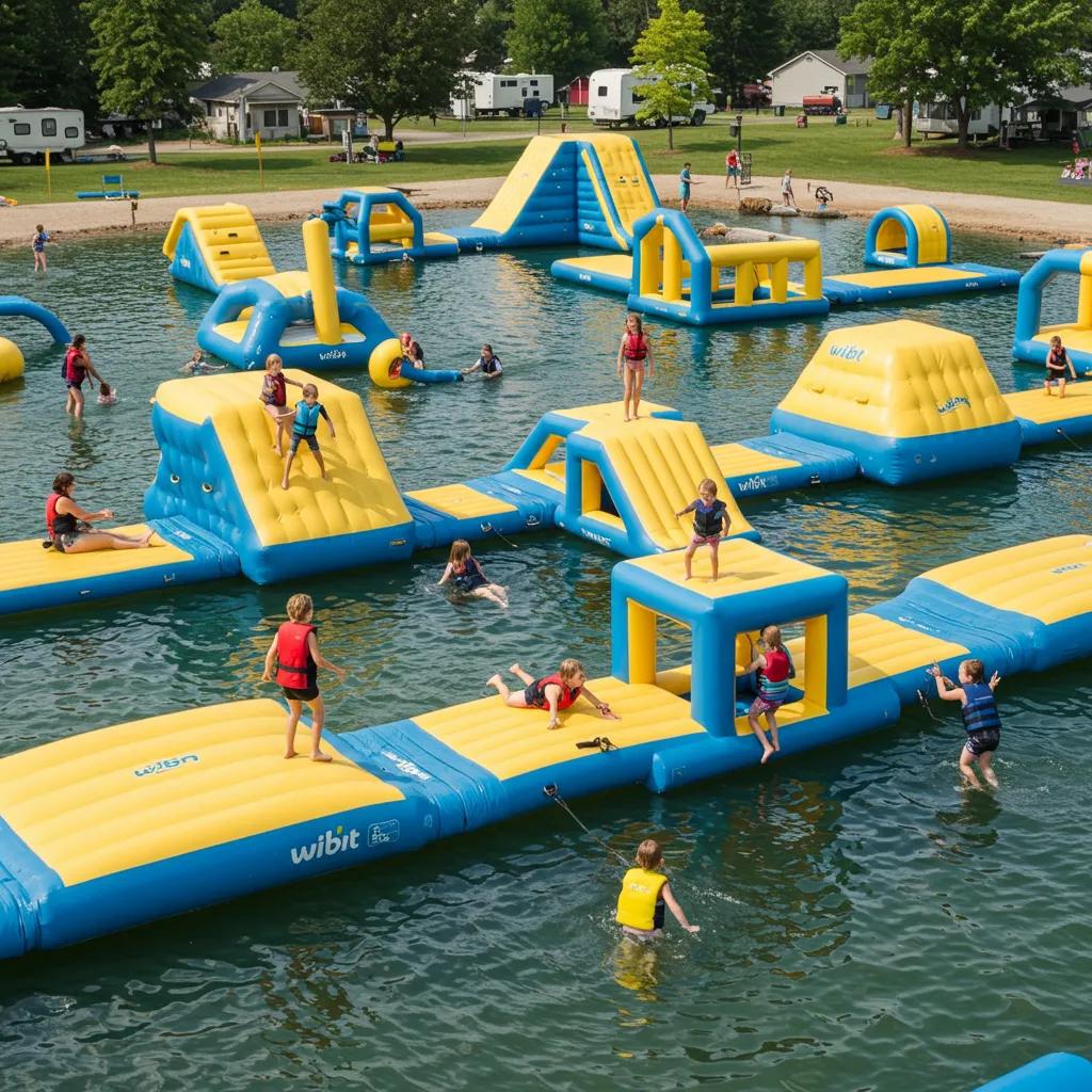 Families enjoying the Wibit water park at Walnut Hills Family Campground with inflatable structures and children playing