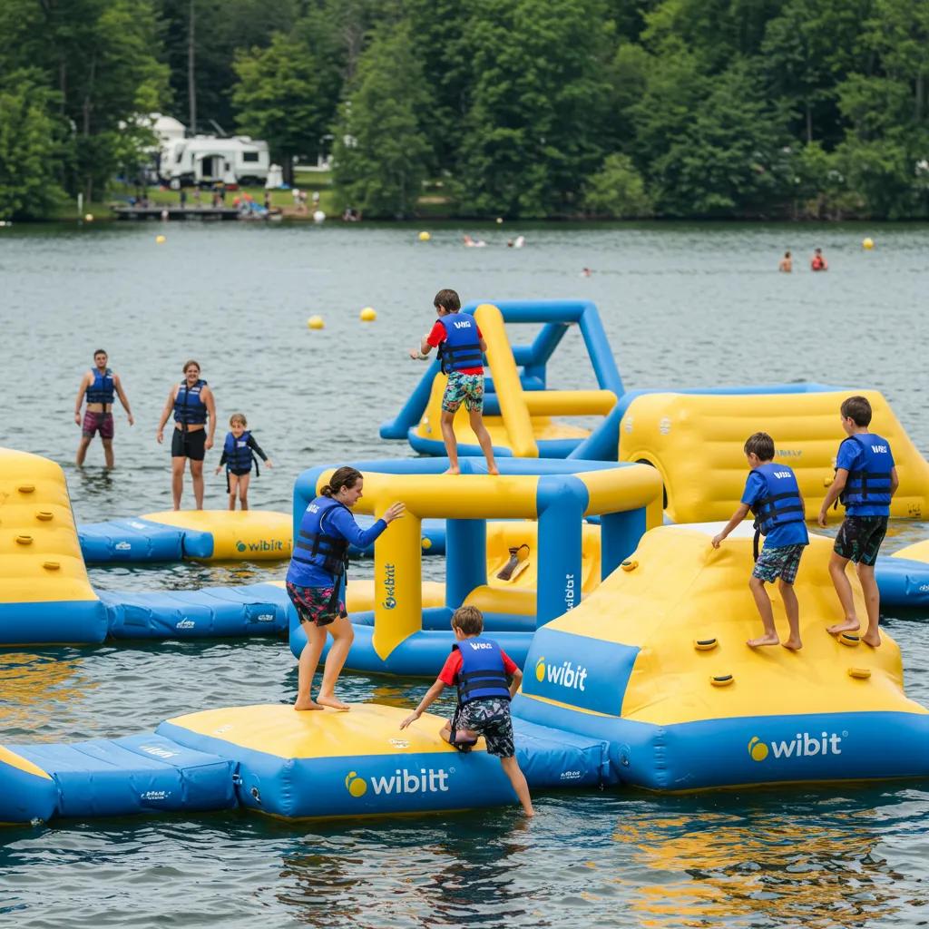 Families enjoying the Wibit water park with inflatable obstacle courses