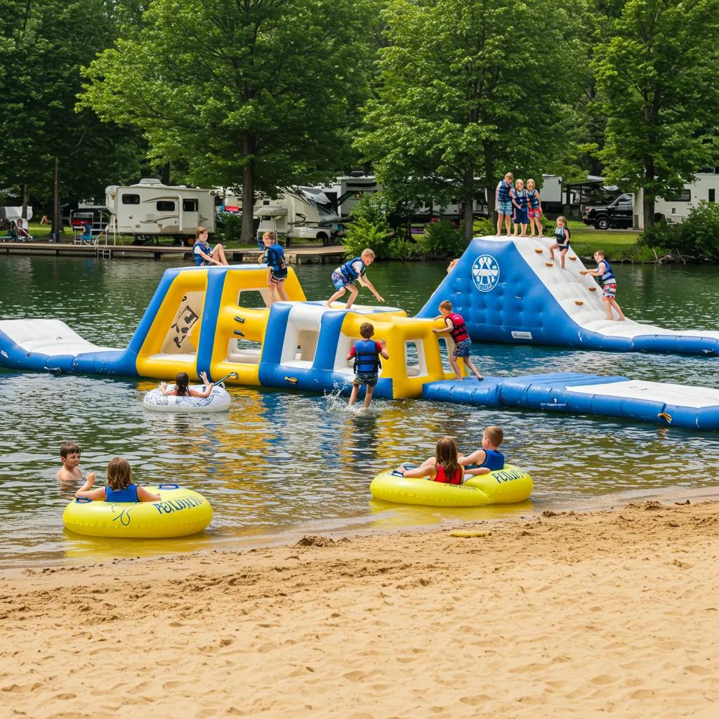 Families enjoying water activities at a Michigan campground, including inflatable obstacle courses and river floats