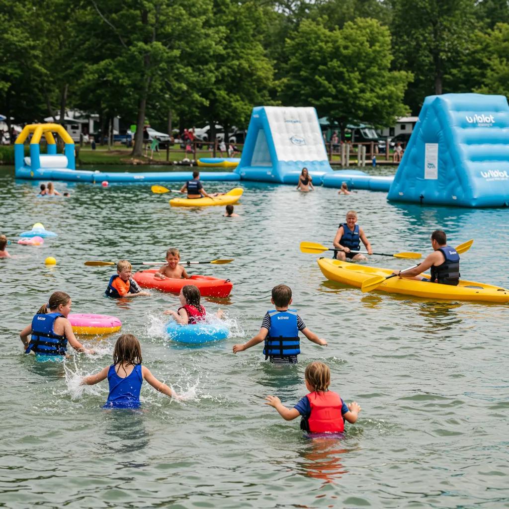 Families enjoying water activities at a Michigan campground with a swimming lake and inflatable water park