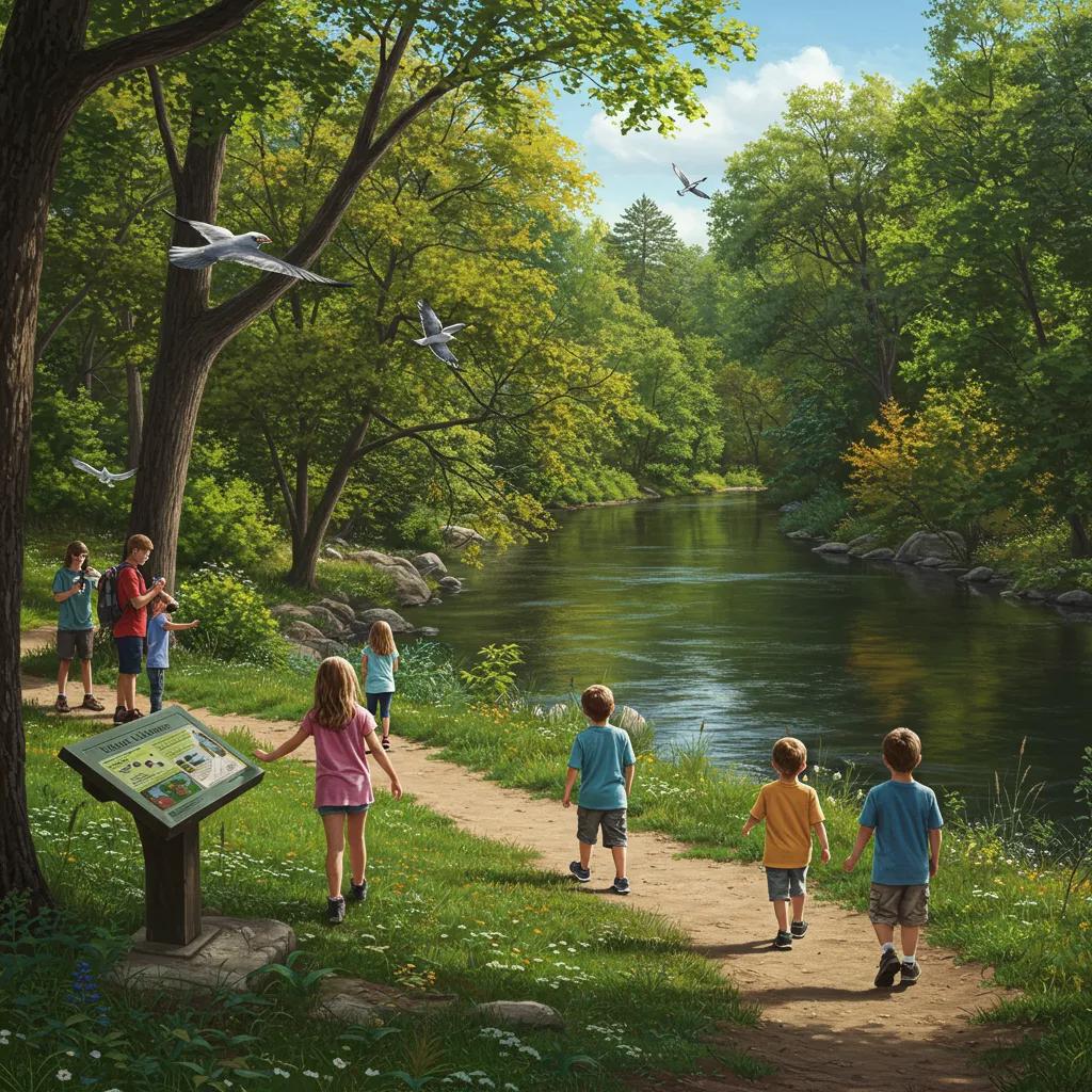 Families exploring a scenic hiking trail near Walnut Hills Family Campground in Michigan