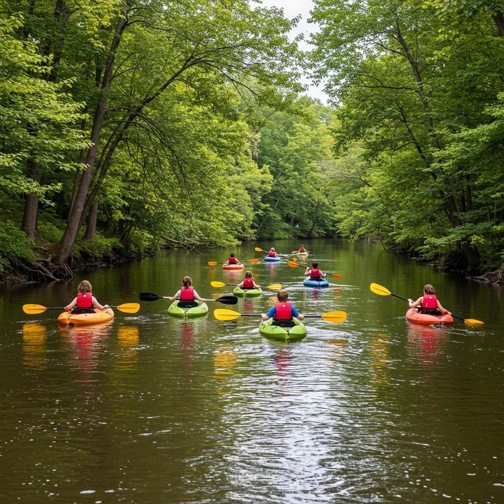A family enjoys a peaceful kayaking trip on the Shiawassee River, adding an extra layer of adventure to their Michigan camping experience.