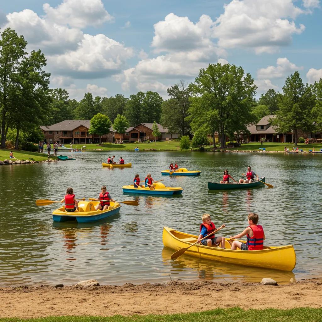 Families enjoying paddle boating and canoeing on Ridge Ranch's calm lake, perfect for safe water adventures