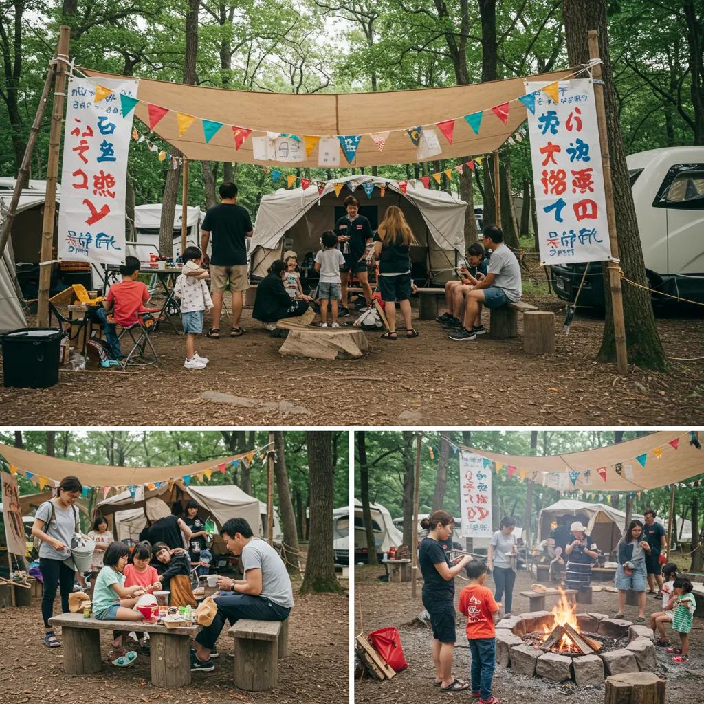Families participating in a themed event at a seasonal campground, enjoying crafts and campfire activities