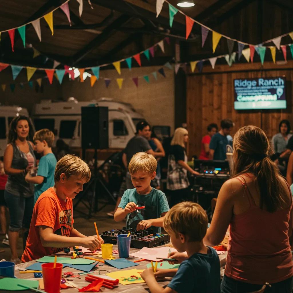 Families enjoying crafts and dancing at DJ nights at Ridge Ranch Campground, highlighting the fun community events