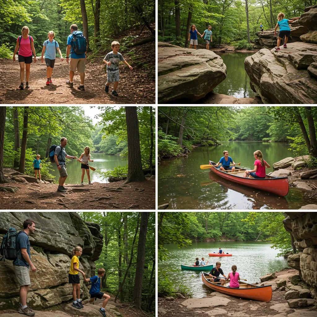 Families participating in hiking, canoeing, and rock climbing near Ohio State Parks, showcasing adventure activities