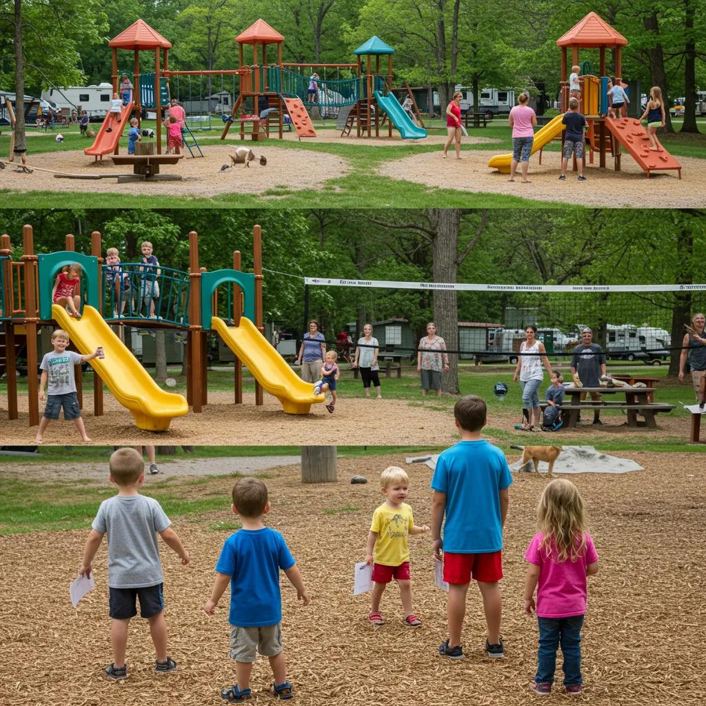Families participating in outdoor activities at a Michigan campground, including playgrounds and sports