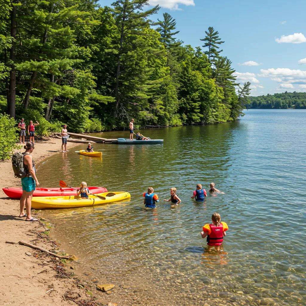 Families participating in outdoor activities by Michigan's lakes and rivers, showcasing natural beauty and adventure