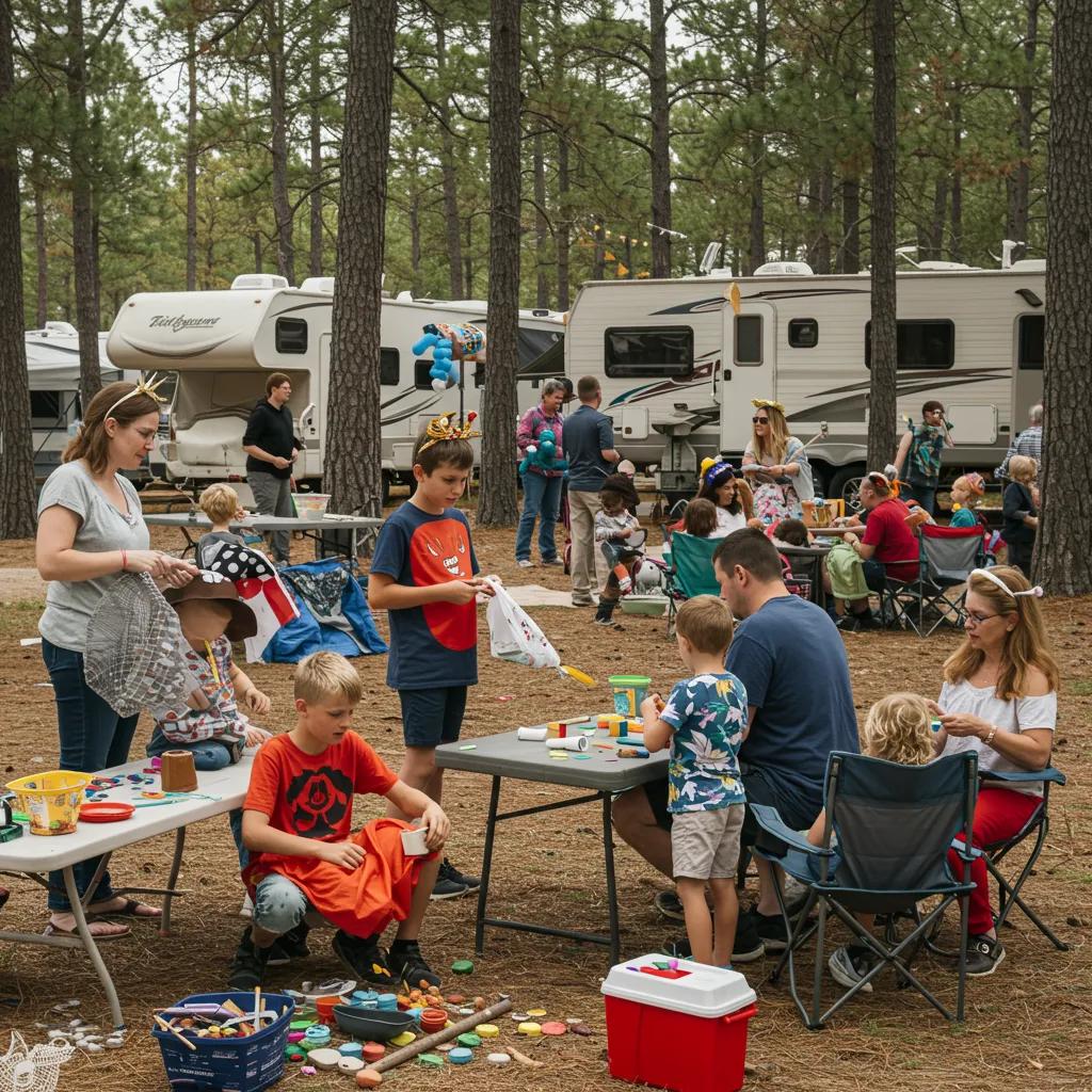 Families participating in themed weekend events at a campground with crafts and games