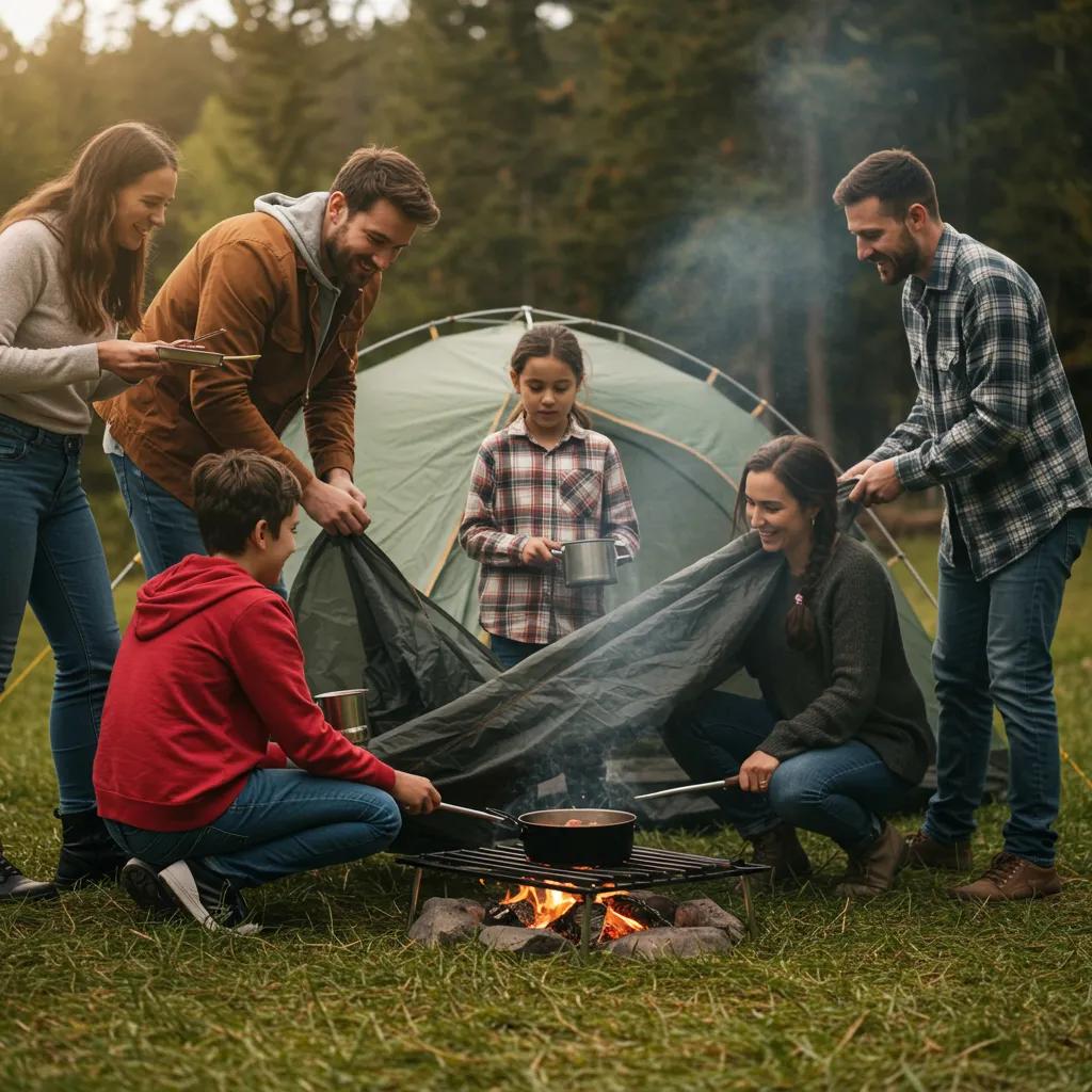 Family bonding while setting up a tent during a camping trip