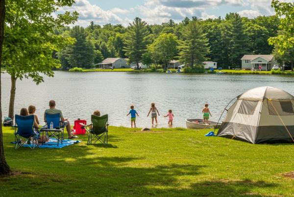 Family camping at a Michigan campground with a tent by a lake, children playing in the water