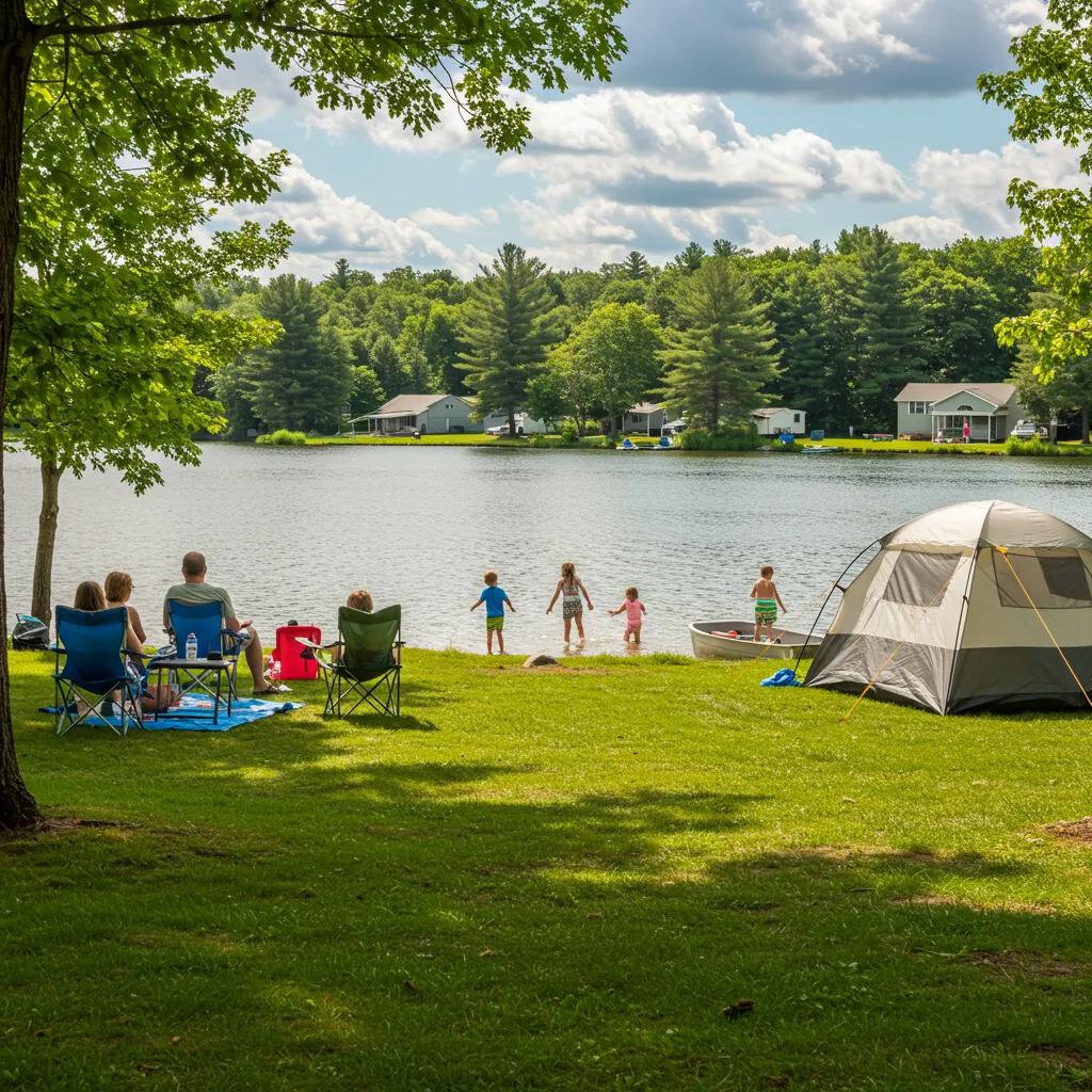 Family camping at a Michigan campground with a tent by a lake, children playing in the water