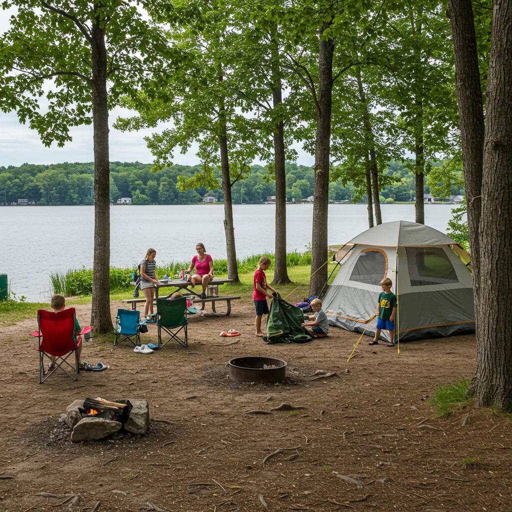 Family camping at a Michigan campground with a tent by the lake, showcasing outdoor adventure and family fun