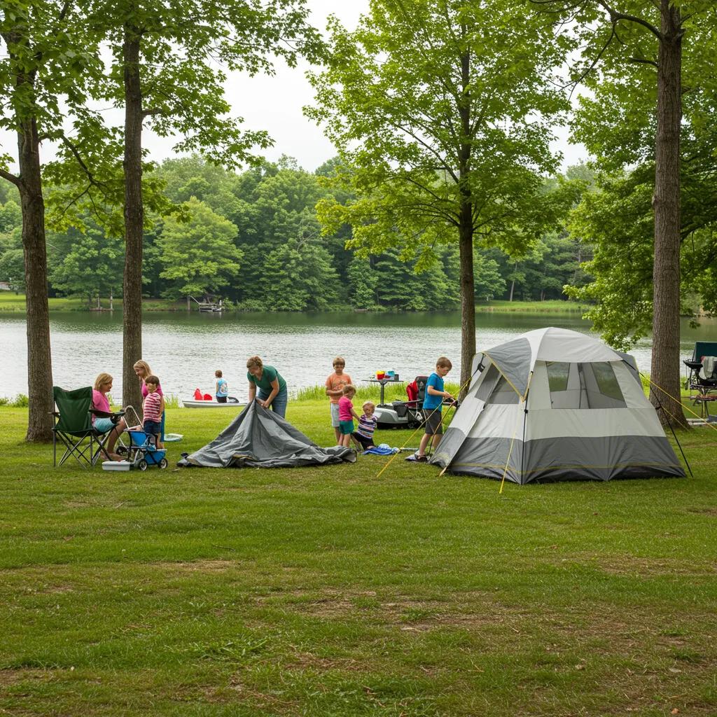 Family camping at Walnut Hills in Michigan, showcasing a tent by a lake with children playing