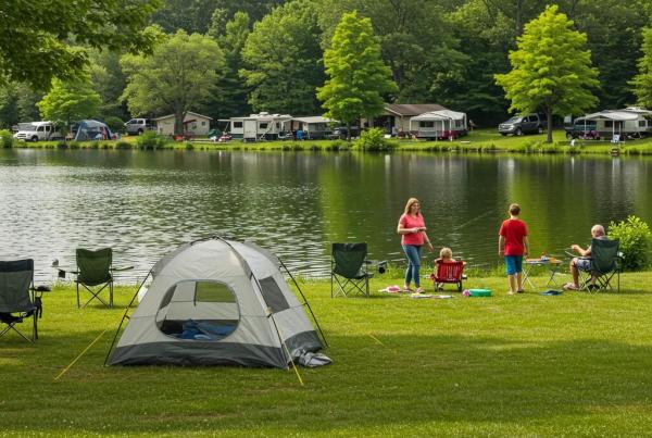Family camping by a serene lake in Ohio, emphasizing affordable outdoor recreation and family bonding