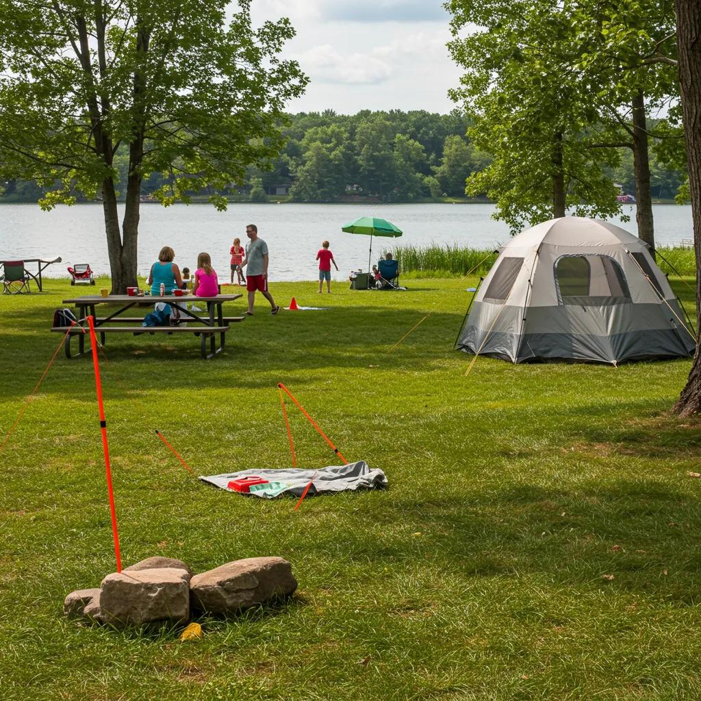 Family camping in a scenic Michigan campground with a tent by a lake