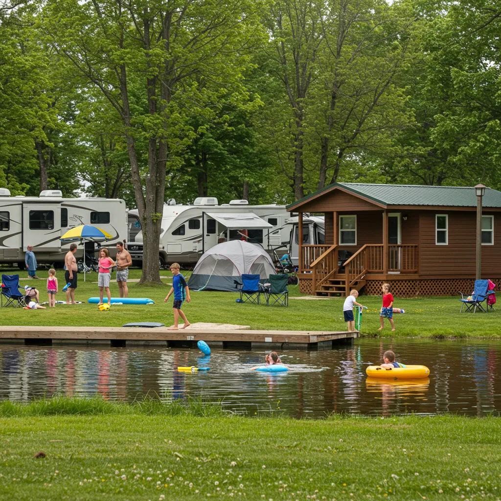 Family camping in Michigan with modern amenities, showcasing swimming, sports, and relaxation